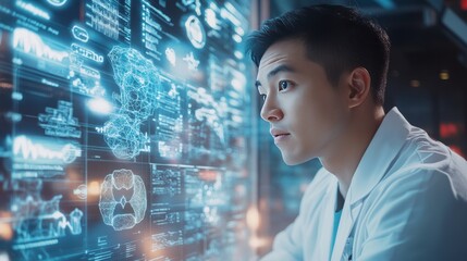 A profile shot of an Asian male doctor, engaged with floating holographic graphs showing patient outcomes and treatment options
