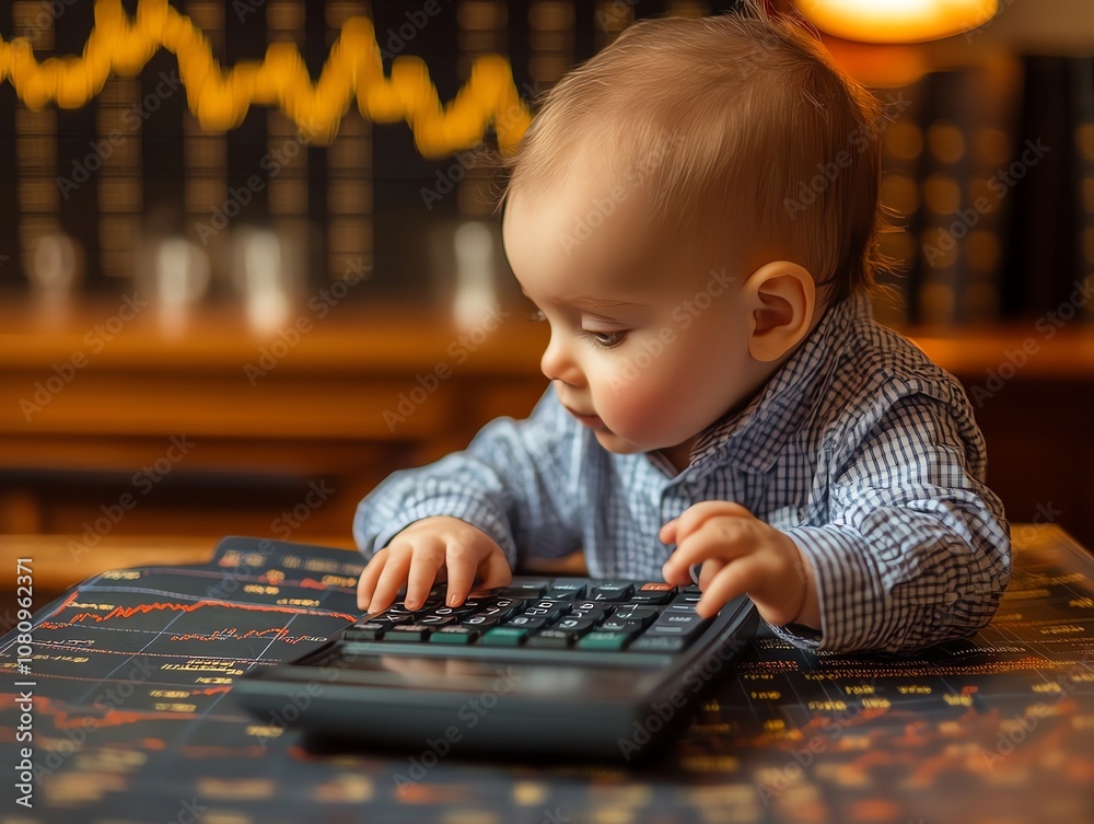 Poster a baby boy in a blue shirt is lying on a table with a calculator and financial graphs. he's looking 