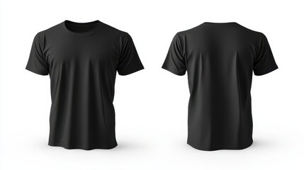 Blank T-shirt color black template front and back view on a white background for apparel design mockups.