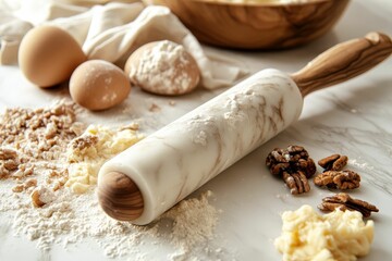 Fototapeta premium Marble rolling pin and ingredients for baking.