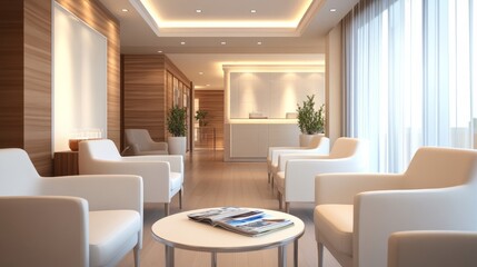 Fototapeta premium A serene hospital waiting room with soft lighting, magazines on a table, and clean white chairs 