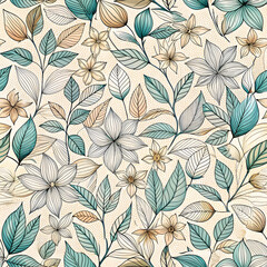 Fototapeta premium Thin Line Leaves and Flowers Seamless Design. Perfect for: Eco-friendly spaces, minimalist art shows