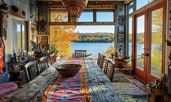 Bohemian dining room with vibrant textiles, eclectic decor, and a view of a lush garden