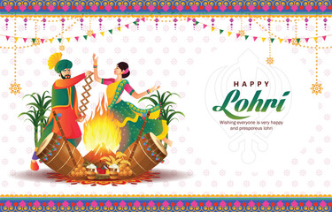 llustration of Happy Lohri festival of Punjab India horizontal background with gradient color concept