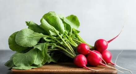 Fresh radishes on wooden cutting board in kitchen setting