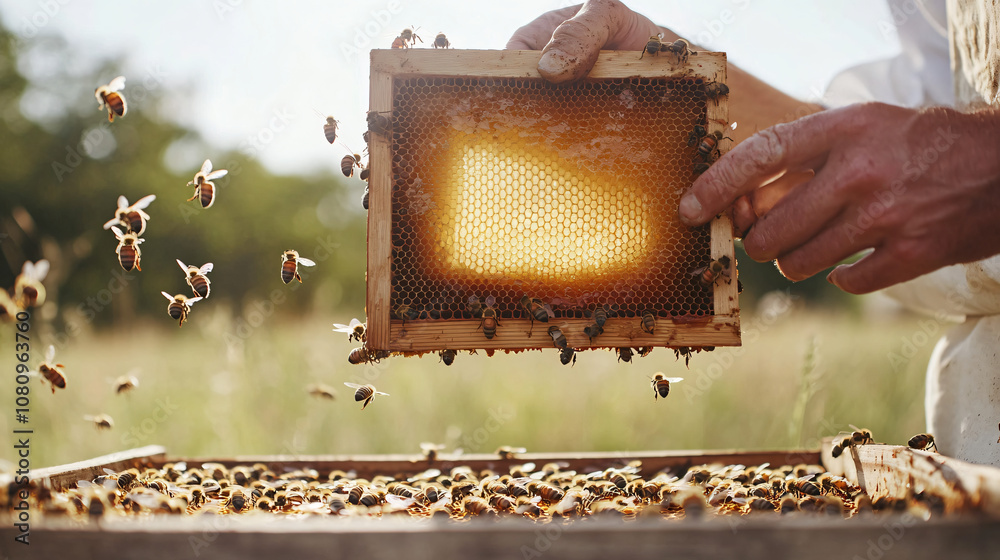 Poster Beekeeper holding a honeycomb frame filled with honey while a swarm of bees buzzes around in a field
