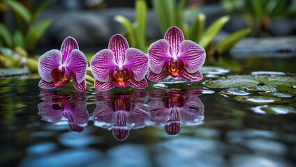 Several purple and white orchids are floating on water, with reflections.
