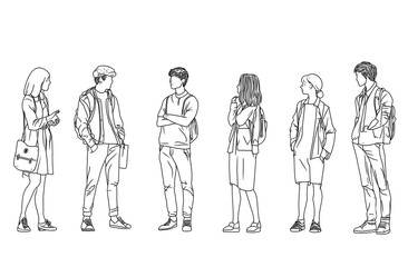 Black and White Line Drawings of People Engaged in Various Activities, Minimalist Flat Design on White Background