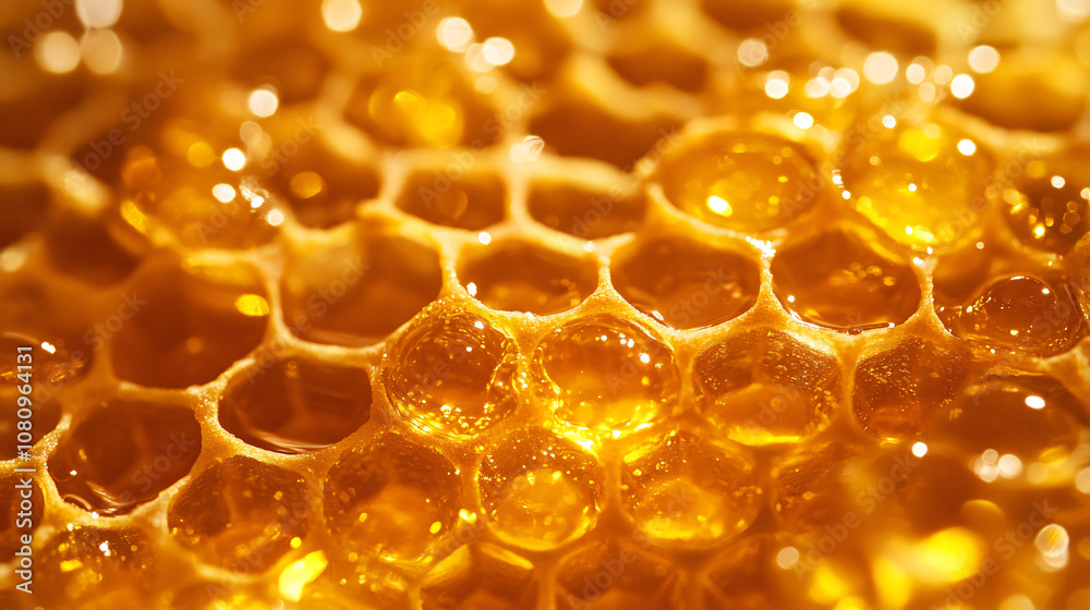 Poster close-up of a honeycomb filled with golden, bubbling honey and shimmering in the light