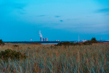 Industrial plant viewed across grassy dunes at dusk