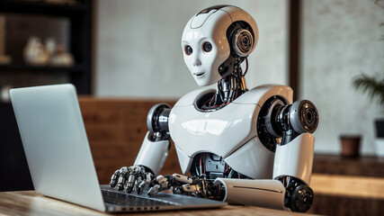 humanoid robot working on a laptop, robot sitting at a table and working on a laptop, robot typing on a laptop, concept of future artificial intelligence