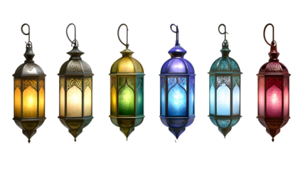 Set of various colored Islamic lanterns on a transparent background. isolated background.