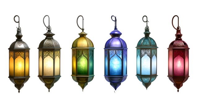 Set of various colored Islamic lanterns on a transparent background. isolated background.