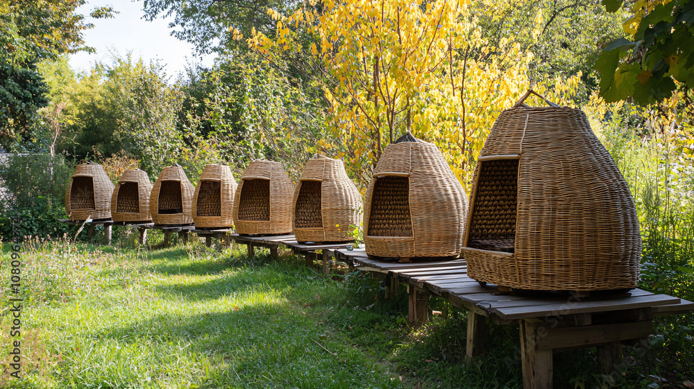 Poster Seven fresh wicker skeps in an apiary set on a wooden platform in a sunny forest clearing await the arrival of bees to produce honey