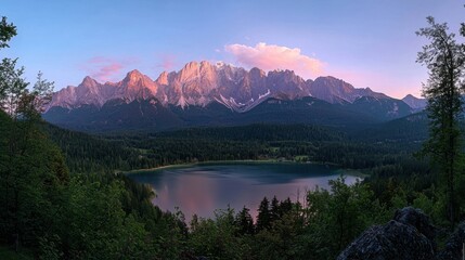Impressive summer sunrise over Eibsee lake with the Zugspitze mountain range, highlighting the beauty of the German Alps.