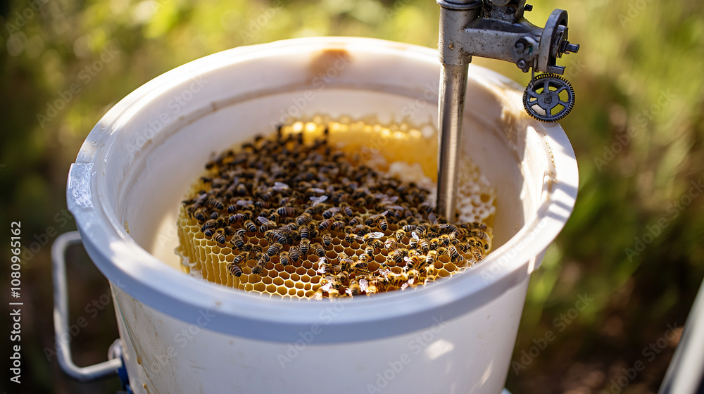 Poster busy beekeeper harvesting golden honey from honeycomb on a sunny day. close-up view captures the ess