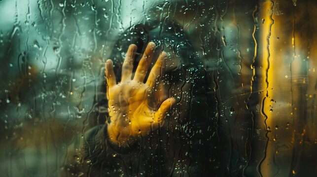 A person's hand presses against a rain-streaked window, creating a sense of isolation and longing. The blurry background adds to the mysterious mood.