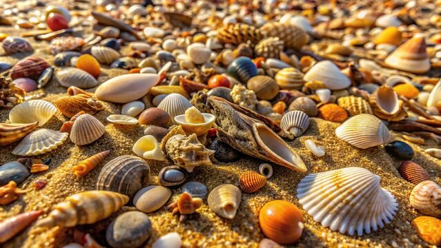 Close-up shot of beachy textures sand grains, shells, pebbles, and driftwood, sand, ocean texture, pebble, natural materials, rock formations