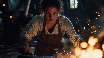 German female blacksmith showcases traditional craft amidst glowing forge
