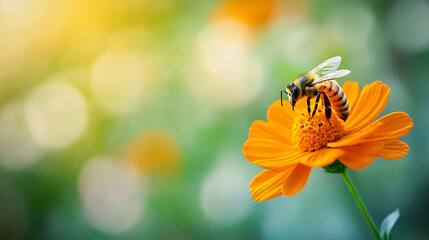 Bee collecting nectar from a bright orange flower on a sunny day with a blurred natural background