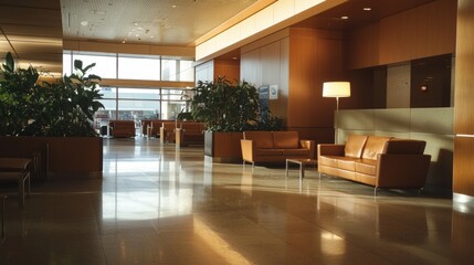 A large open lobby with a lot of seating and a few potted plants