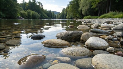 Close-up view of the texture and pattern of smooth stones as they float on the surface of the river stream, pattern, flow, wave, texture, surface
