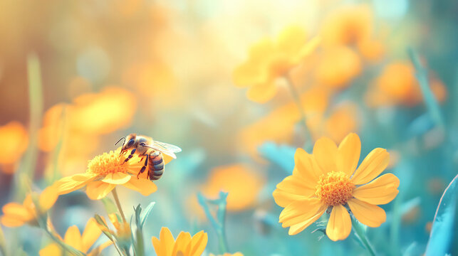 Busy honey bee collecting nectar from vibrant yellow flower in lush garden, pollinating and showcasing beauty of nature in full bloom during summer