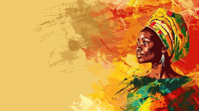 watercolor illustration, vintage postcard, Independence Day in Cameroon, portrait of an adult African woman in national costume, yellow background, paint, copy space, free space for text