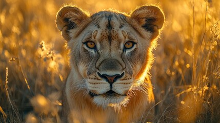 Obraz premium A young lioness stares intently at the camera, bathed in the warm glow of the setting sun.