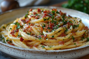 Fototapeta premium Close-up of Spaghetti Carbonara with Bacon and Parsley