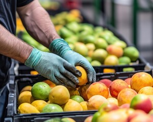 Worker carefully inspecting fruit shipments, protective gloves, warehouse setting, quality...