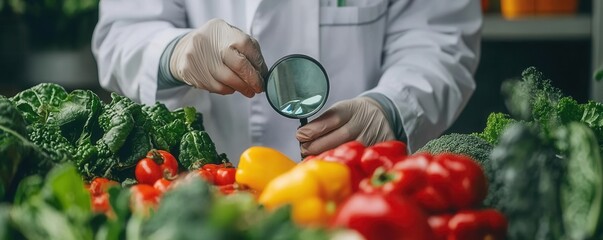 Worker in a sterile lab coat inspecting vegetables with a magnifying glass, scientific approach, food safety