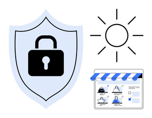 Shield with lock, sun, and online store webpage. Ideal for cybersecurity, e-commerce security, data privacy, online protection, safe shopping digital safety website security. Line metaphor