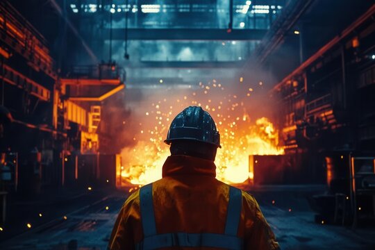 A worker in protective gear observes fiery operations in a steel mill, showcasing industrial power and safety measures.
