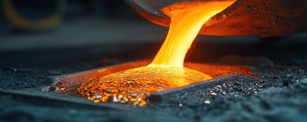 Bright stream of molten metal being carefully guided into molds, intense heat and glowing particles
