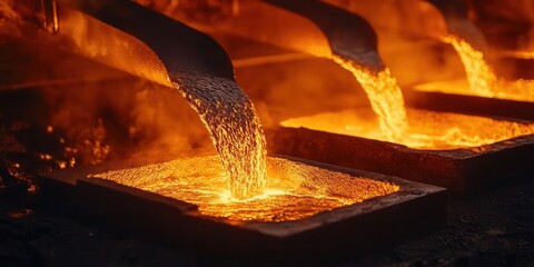 Molten metal pours into molds, showcasing the intense heat and transformation in a modern foundry environment.