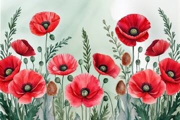 Obraz premium Bold Red Watercolor Abstract Border Featuring Poppies and Green Sprigs Illustration