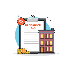 Clipboard with Building and Gold Coin Stack and Idea Bulb Vector Illustration. Corporate Tax Concept Design