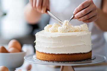 An individual carefully uses tools to create intricate patterns on the top of a cake, illustrating the detailed art and craft involved in cake decoration.