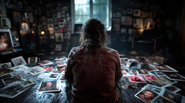 A woman sits in a dimly lit room surrounded by scattered photographs, gazing toward a window, invoking nostalgia and a deep sense of reflection.