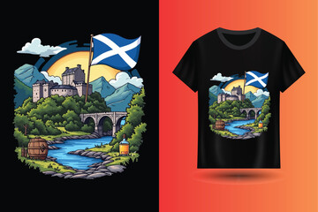Cartoon style t-shirt design with scotland flag design
