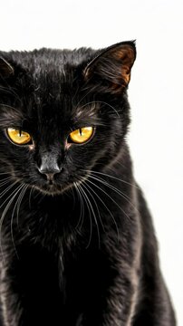 A black cat with piercing golden eyes stares directly at the camera