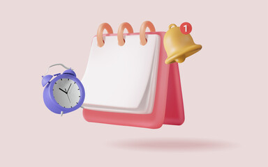 3d vector of Calendar icon with bell notification and alarm clock. Business planning, Appointment, Work planning, Meeting planner, Office deadline,  Agenda. Planning concept. illustration, Eps 10
