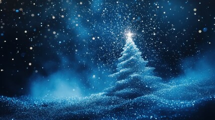 Glowing blue Christmas tree made of sparkling lights and glitter stands in a serene, snow-covered landscape, dark blue background and falling snowflakes, festive atmosphere.  
