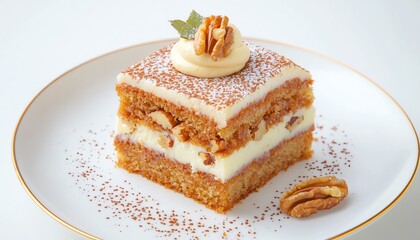 Delicious layered dessert on a white plate with nuts and cream.