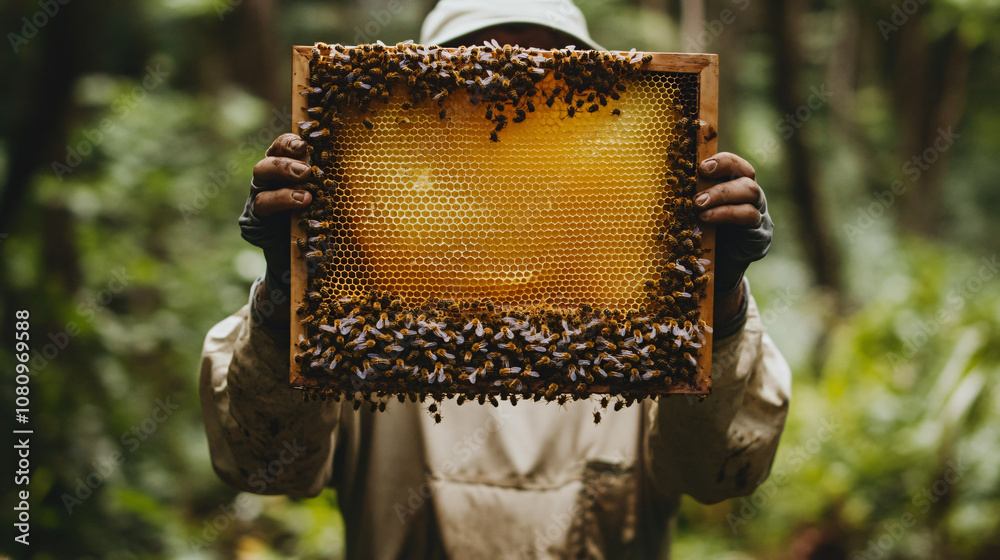Aufkleber beekeeper in protective gear holds a honeycomb frame covered in bees at an apiary