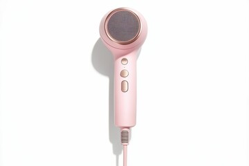 Fototapeta premium Pink hair dryer on white background.