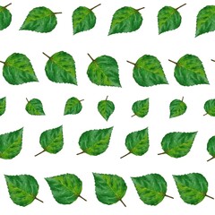 Green seamless pattern nature background set  with green leaves depicted on a white background. Watercolor illustration suitable for use in wallpaper, textile, stationery and decorative projects.