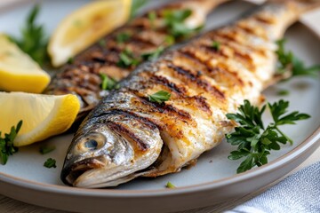 A beautifully cooked grilled fish served on a plate, garnished with fresh parsley and accompanied by lemon slices, ideal for seafood lovers seeking savory flavors.