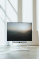 Fototapeta premium Modern TV with white stand, cloudy sky.
